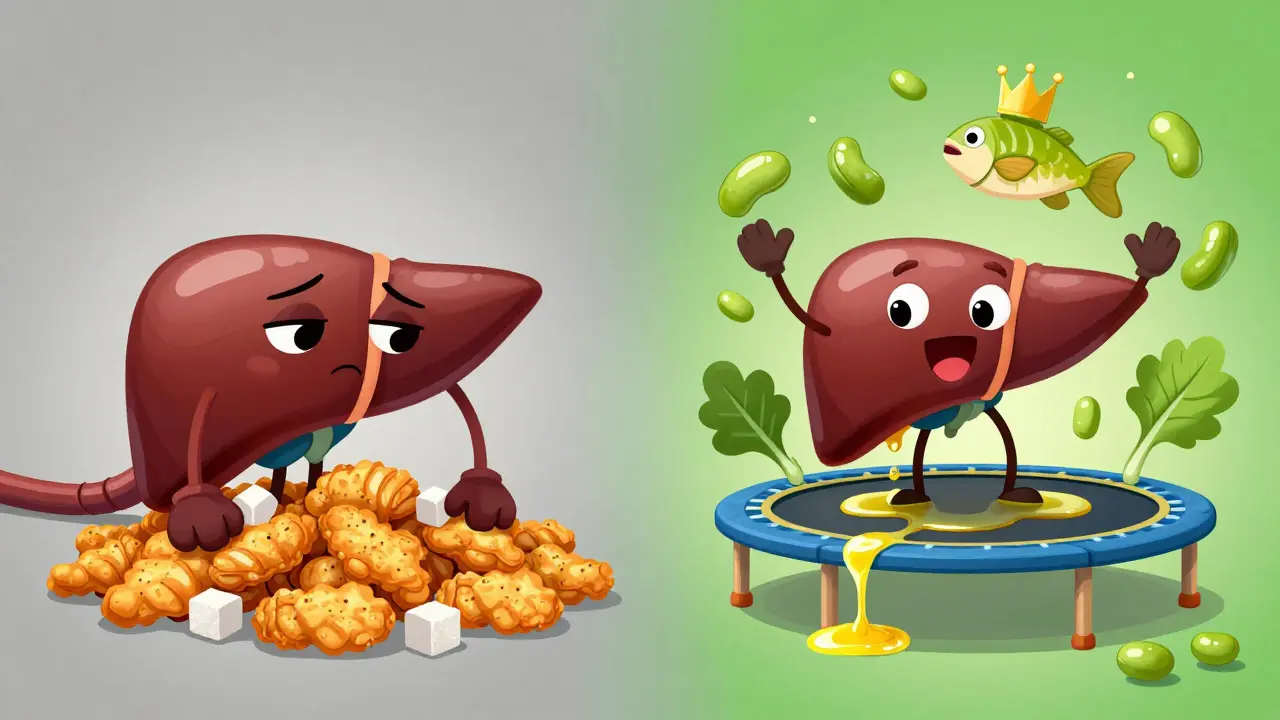 A split scene: a sad liver weighed down by junk food vs. a happy liver bouncing on olive oil trampolines.