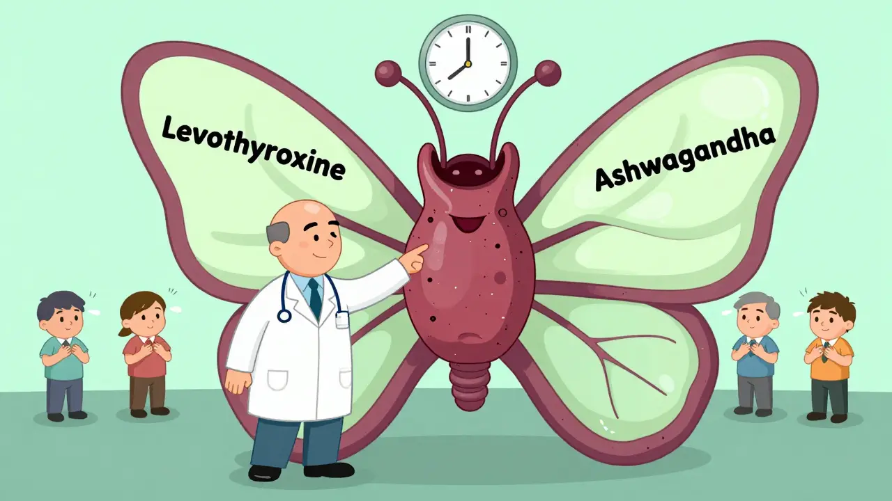 A stretched thyroid gland with ashwagandha inflating one wing, patients in distress around it
