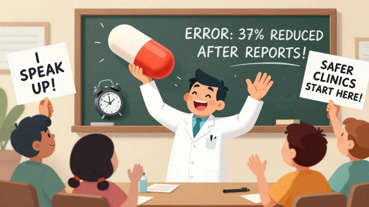 A stretchy pharmacist hands a giant pill to a patient while a chalkboard shows error reduction from reports.