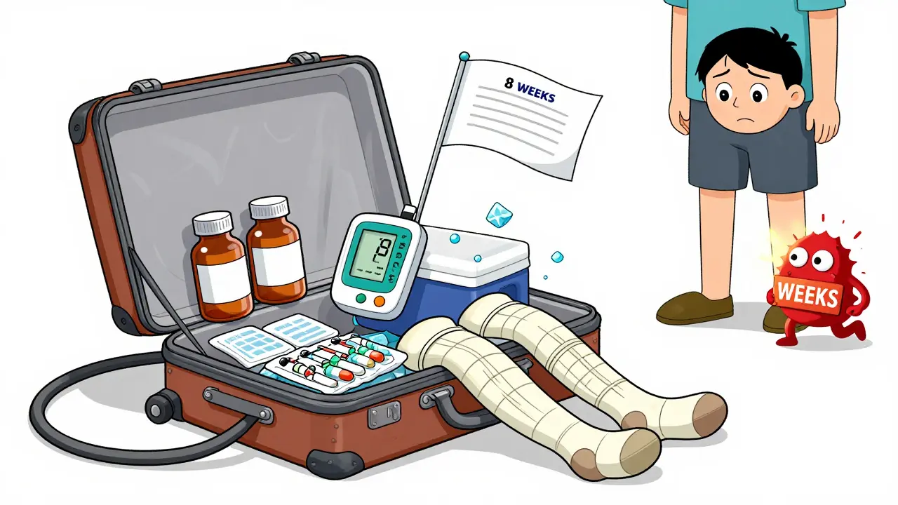 A suitcase overflowing with travel meds and tools, as a tiny clot flees from an '8 WEEKS' warning sign.