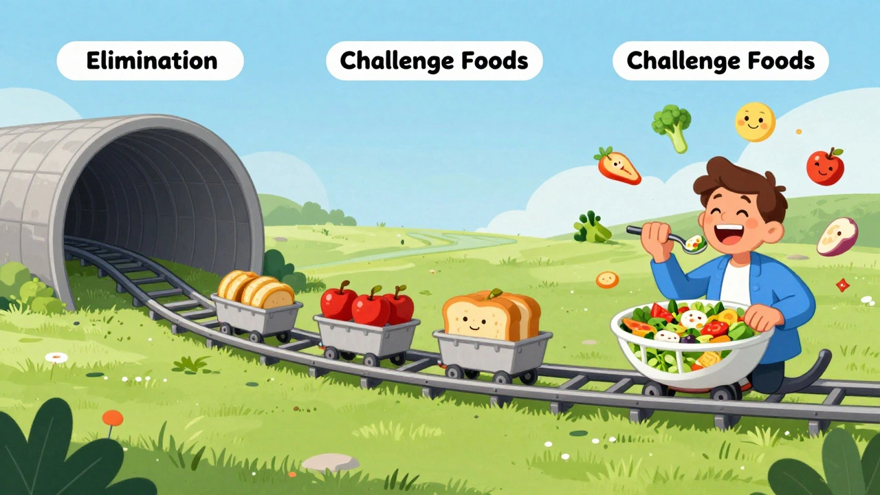 A three-phase FODMAP diet shown as a rollercoaster, ending in a sunny park with the person enjoying a varied meal.