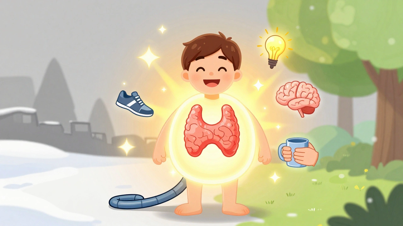 A vibrant, energized person glowing with health symbols after starting levothyroxine treatment.