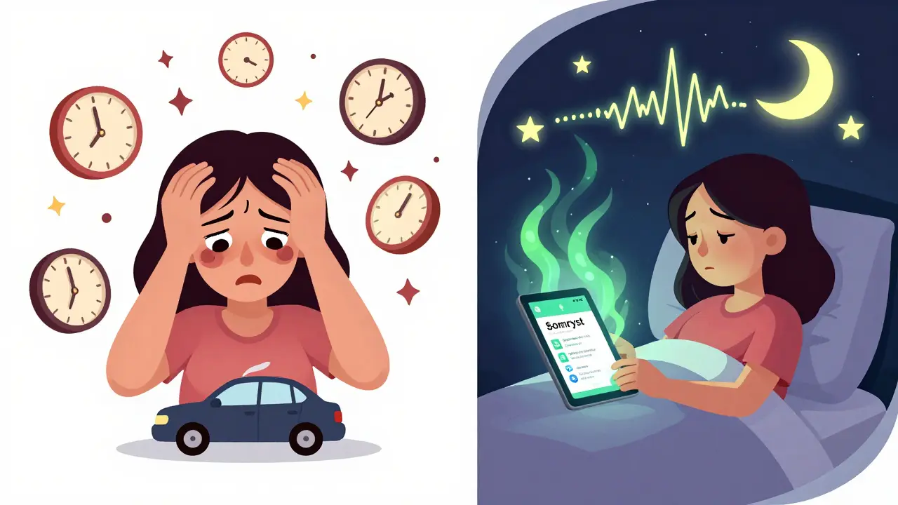 A woman using a tablet with a sleep therapy app, calm energy flowing around her as chaotic dreams fade away.