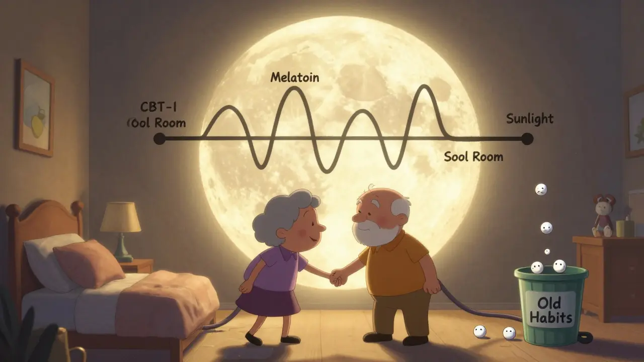 An elderly couple under a moon shaped like a sleep graph, surrounded by healthy sleep habits while pills disappear into trash.