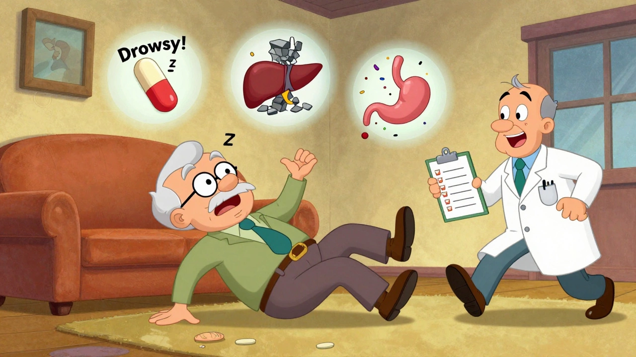 An elderly person falling as pills float above them, with a pharmacist rushing to help, in cartoon style.