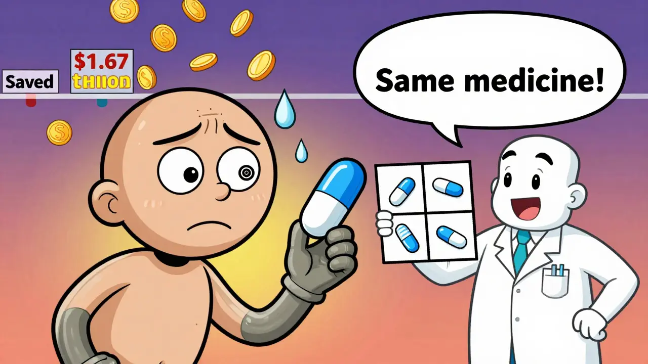 Confused patient staring at a color-changing pill as pharmacist shows a picture.