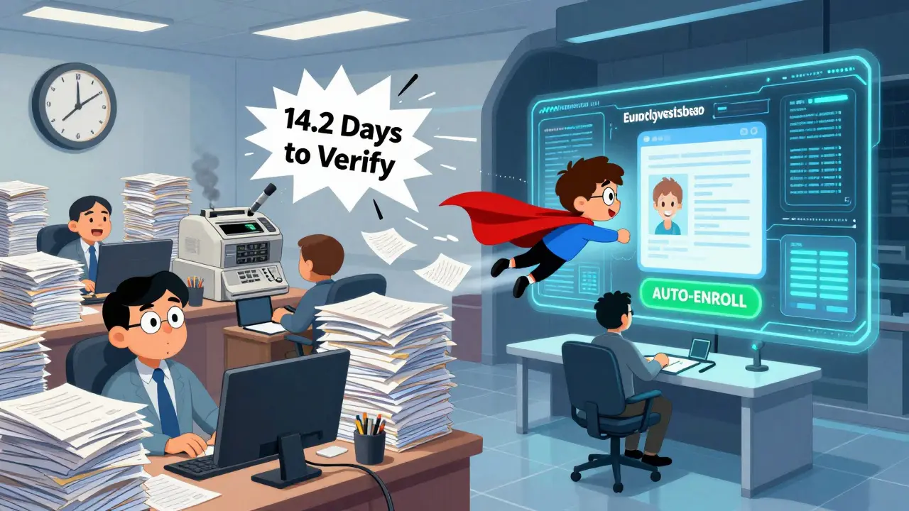 Contrasting state offices: one chaotic with paper, the other sleek with digital data streams connecting to a child's health profile.