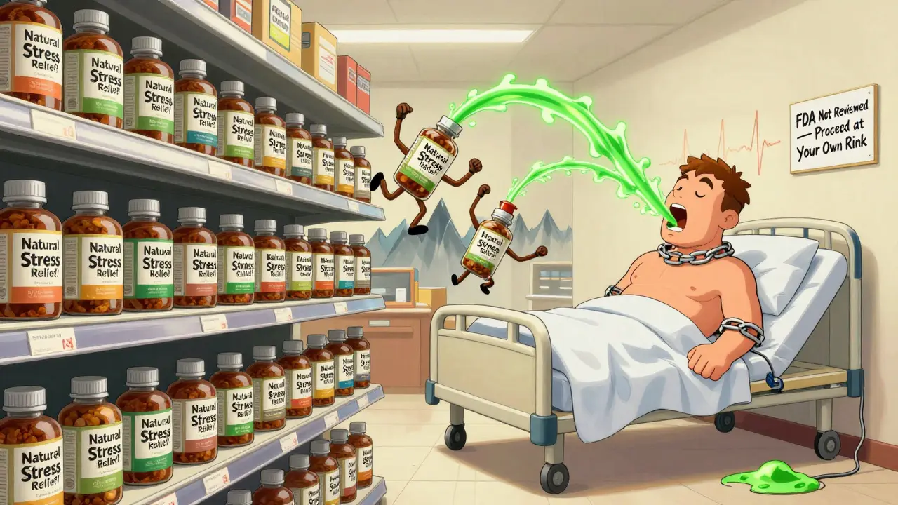 Dancing ashwagandha bottles pouring liquid into a hospitalized person with spiked EKG lines