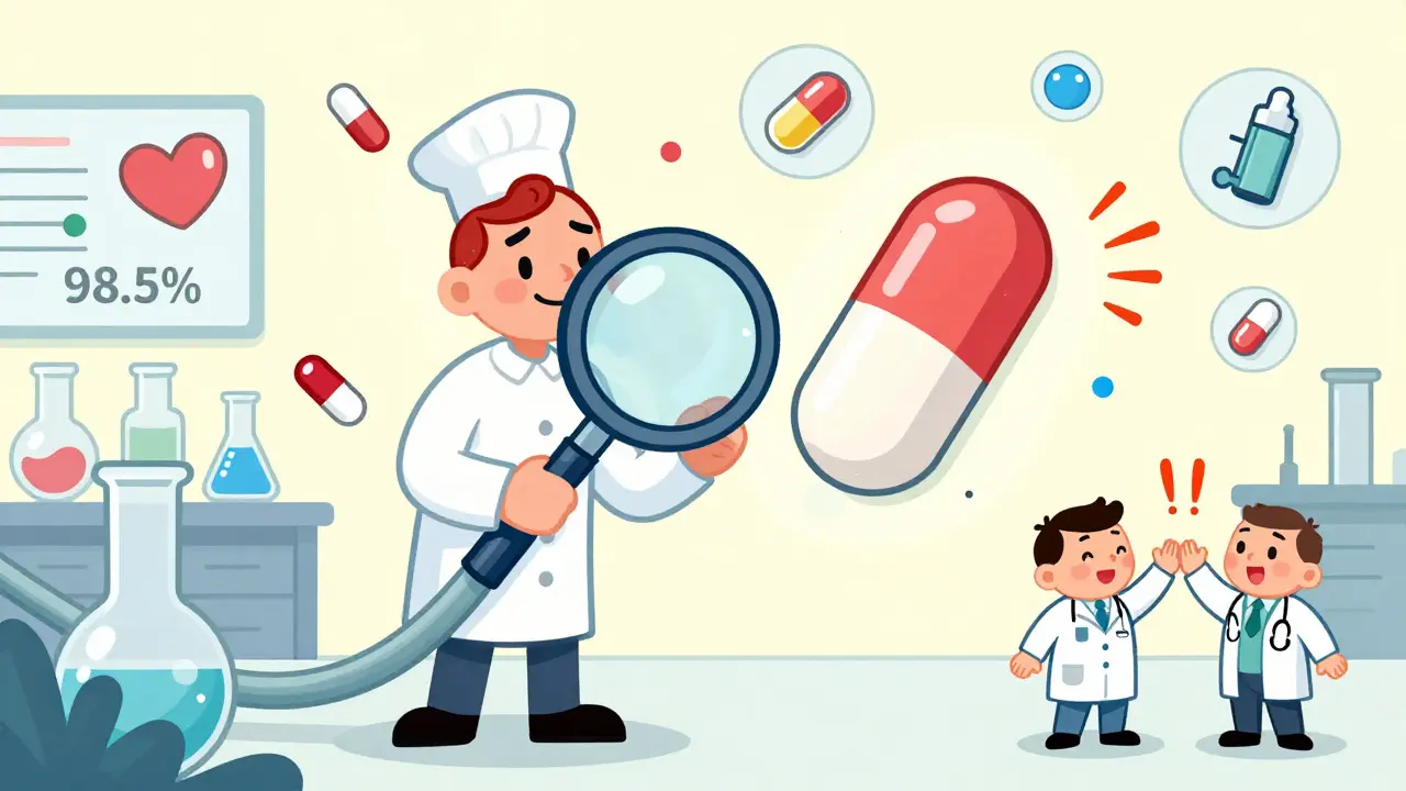 FDA inspector examining identical pills in a playful lab with bouncing graphs.