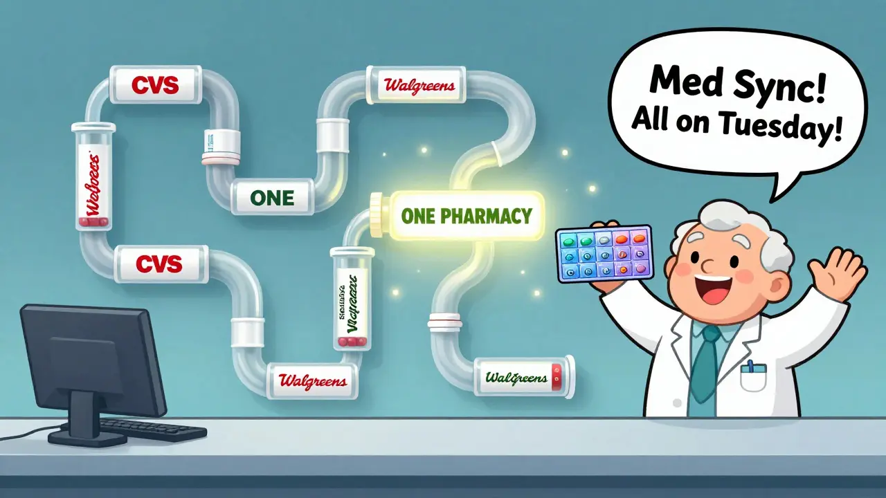 Friendly pharmacist surrounded by connected pill tubes labeled with pharmacy names, senior holding a pill organizer.
