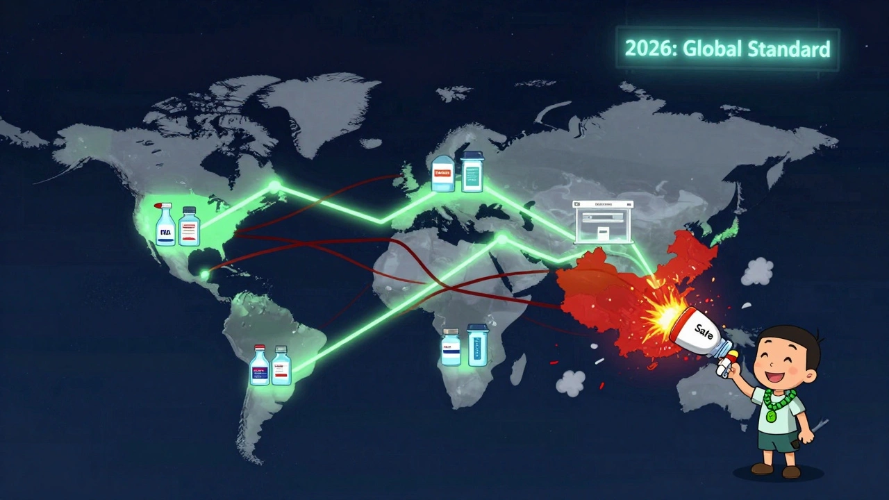 Global map shows green-approved supply chains vs. red, failing ones with blockchain safety.