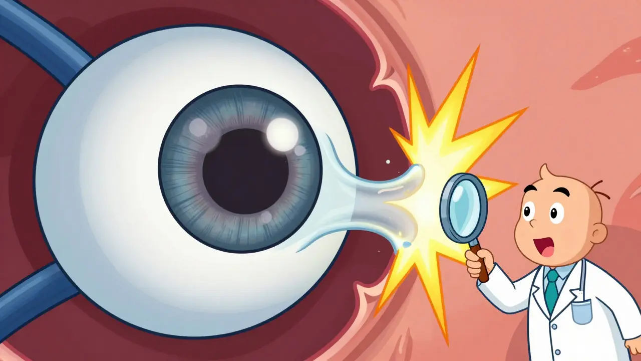 Inside an eyeball, jelly-like vitreous pulls away from the retina, causing light flashes in cartoon style.