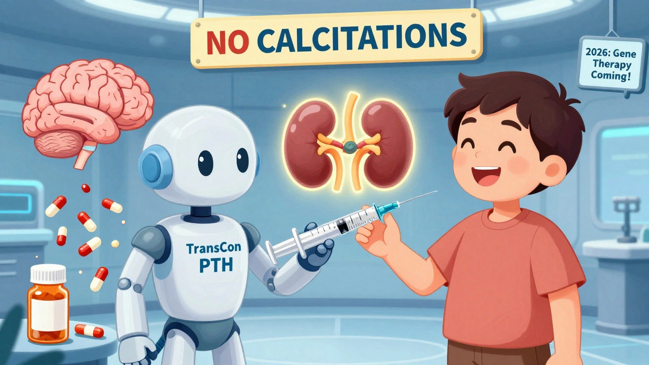 Patient receiving weekly PTH injection as old pill bottles fly away