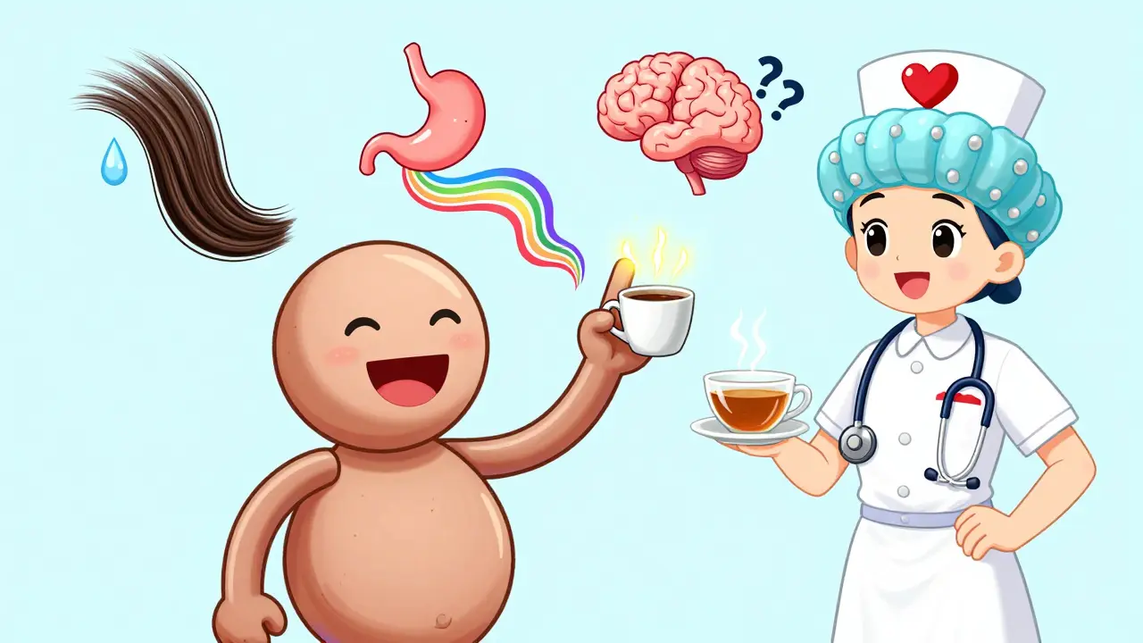 Patient with stretchy limbs surrounded by floating side effects like falling hair, vomiting noodles, and numb hands.