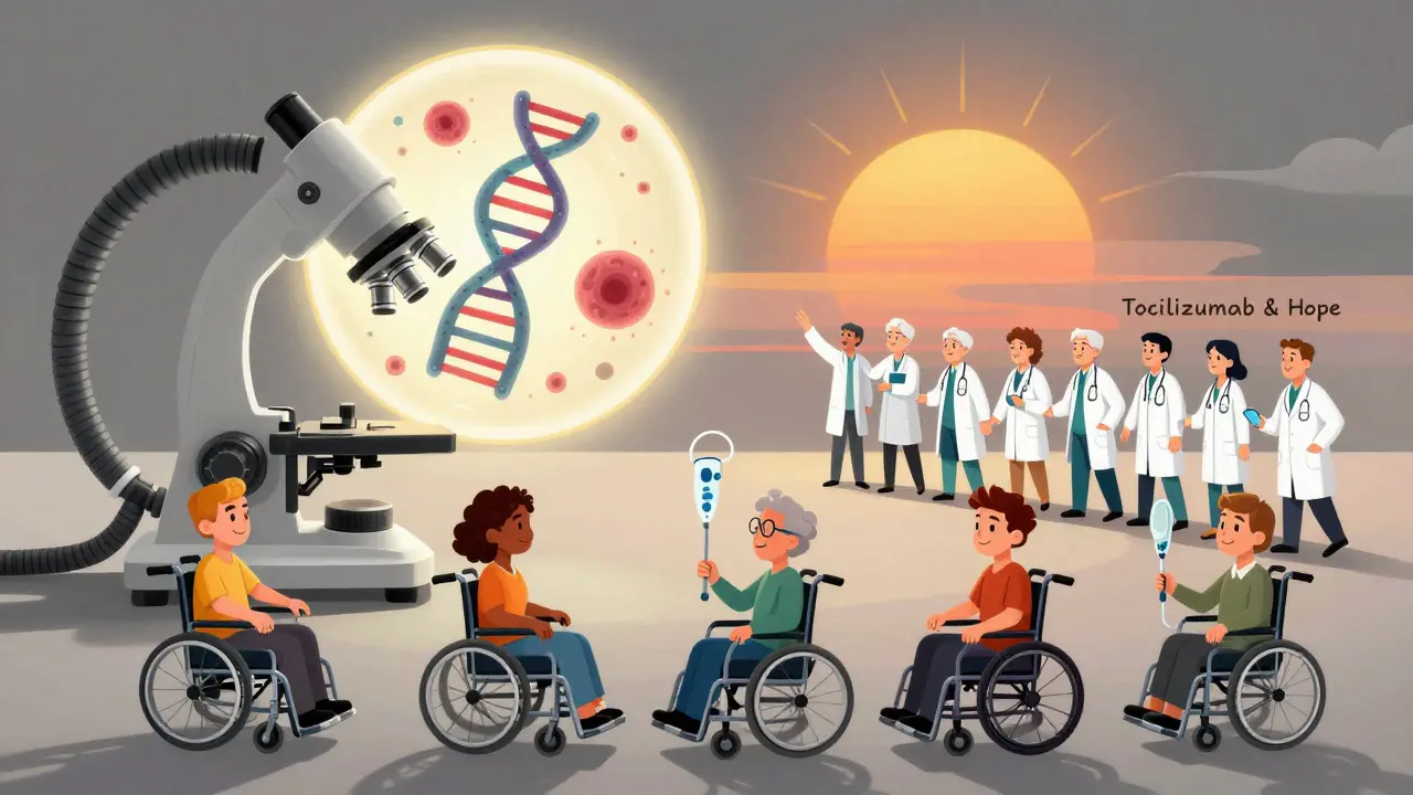 Patients using adaptive tools while doctors and scientists work toward new treatments under a hopeful sun.