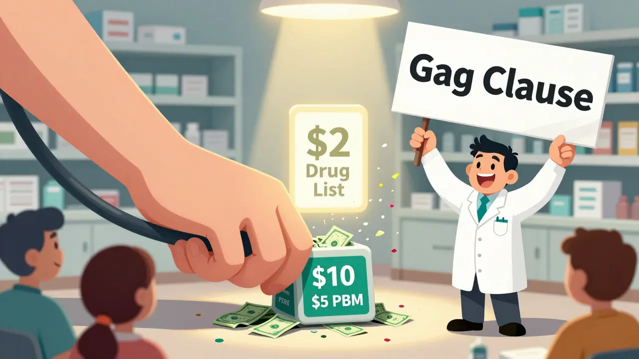 PBM hands squeeze cash from a pharmacy via spread pricing as a gag clause shatters, a ' Drug List' sign glows brightly behind relieved patients.