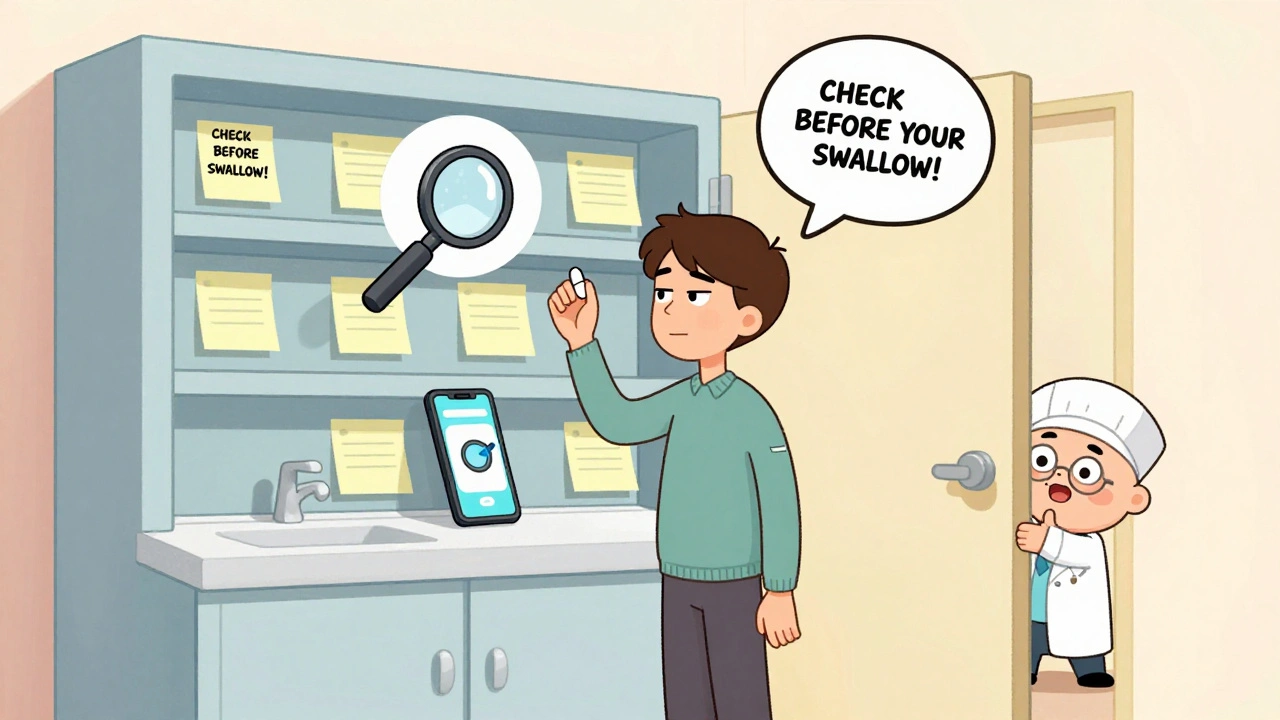 Someone reads a magnified label from a medicine cabinet with sticky notes and a helpful pharmacist.