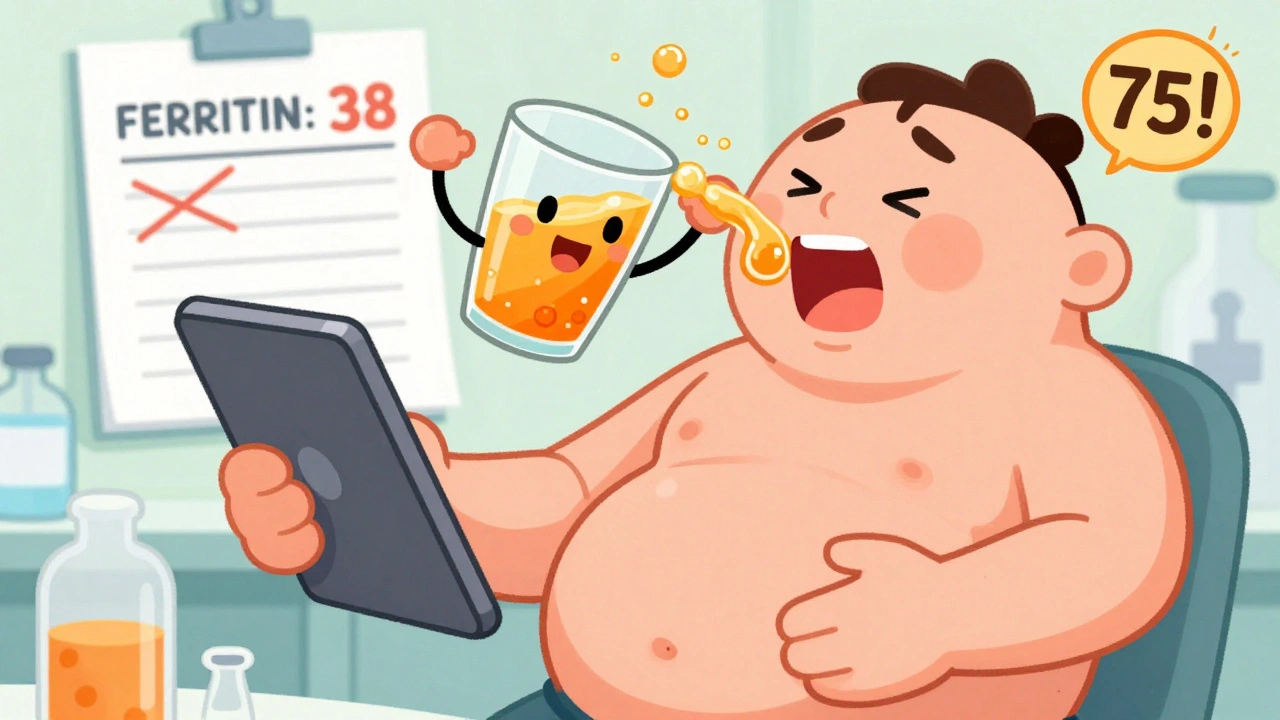 Someone taking an iron pill with orange juice pouring vitamin C bubbles, a lab report showing ferritin levels rising.