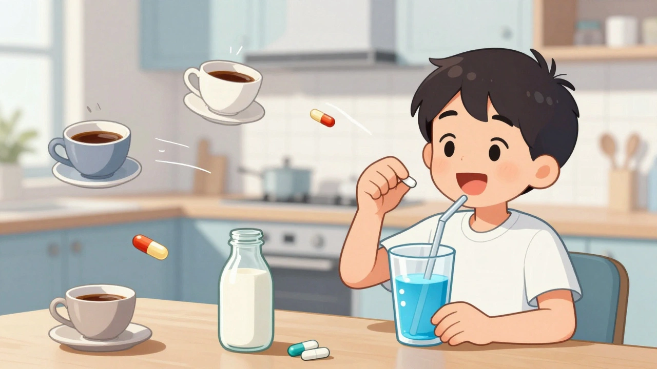 Someone taking levothyroxine with water while coffee and supplements fly away in a whimsical morning scene.