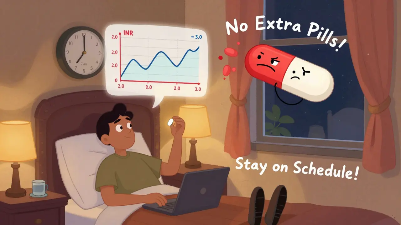 Someone taking their blood thinner pill at night with a steady INR graph, while an aspirin is thrown away.