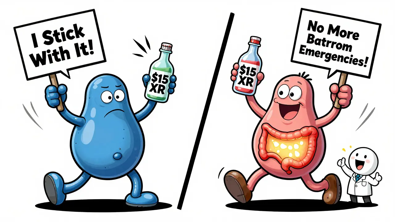 Split cartoon scene comparing cheap metformin IR with expensive XR, showing stomach reactions and adherence.