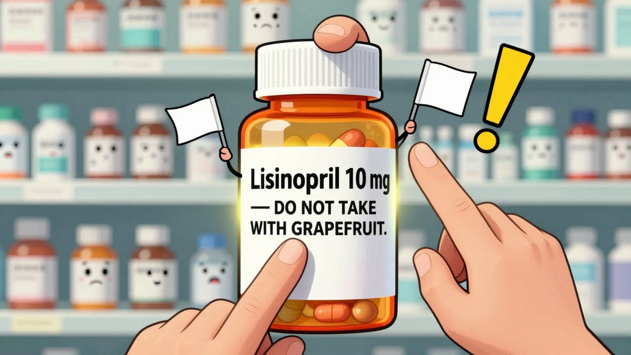 Three fingers touch a giant pill bottle with glowing label warnings in rubber hose style.