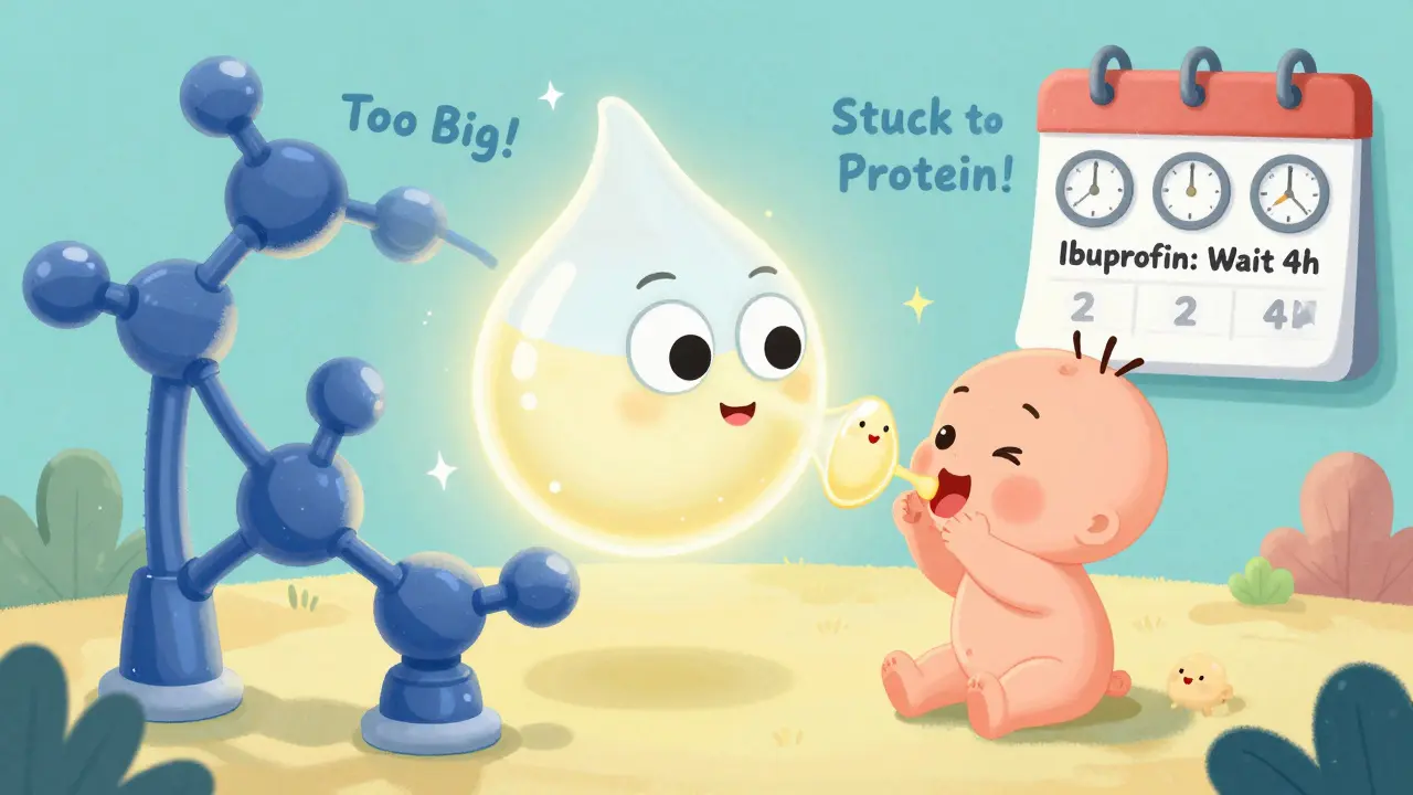 A cartoon milk droplet with eyes safely travels through the body to a baby’s mouth, dodging giant molecular barriers.