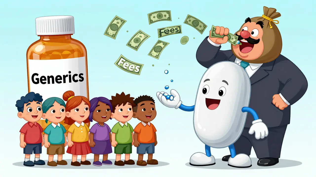 A cheerful pill mascot gives out generic pills to patients while a money-sucking PBM figure drains cash from a drug bottle.