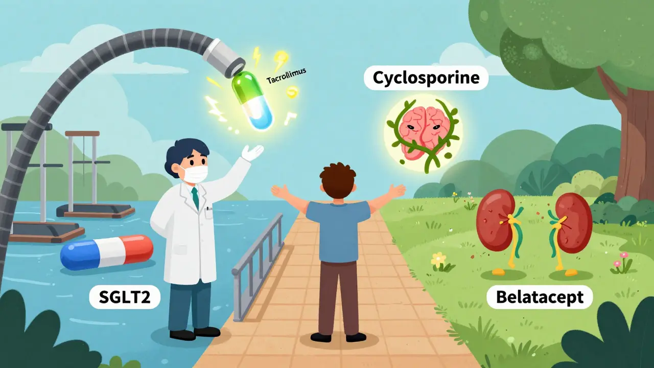 A doctor holds two pills — one causing tremors and diabetes, the other hair and gum growth — as a patient chooses between a path to belatacept or continued side effects.