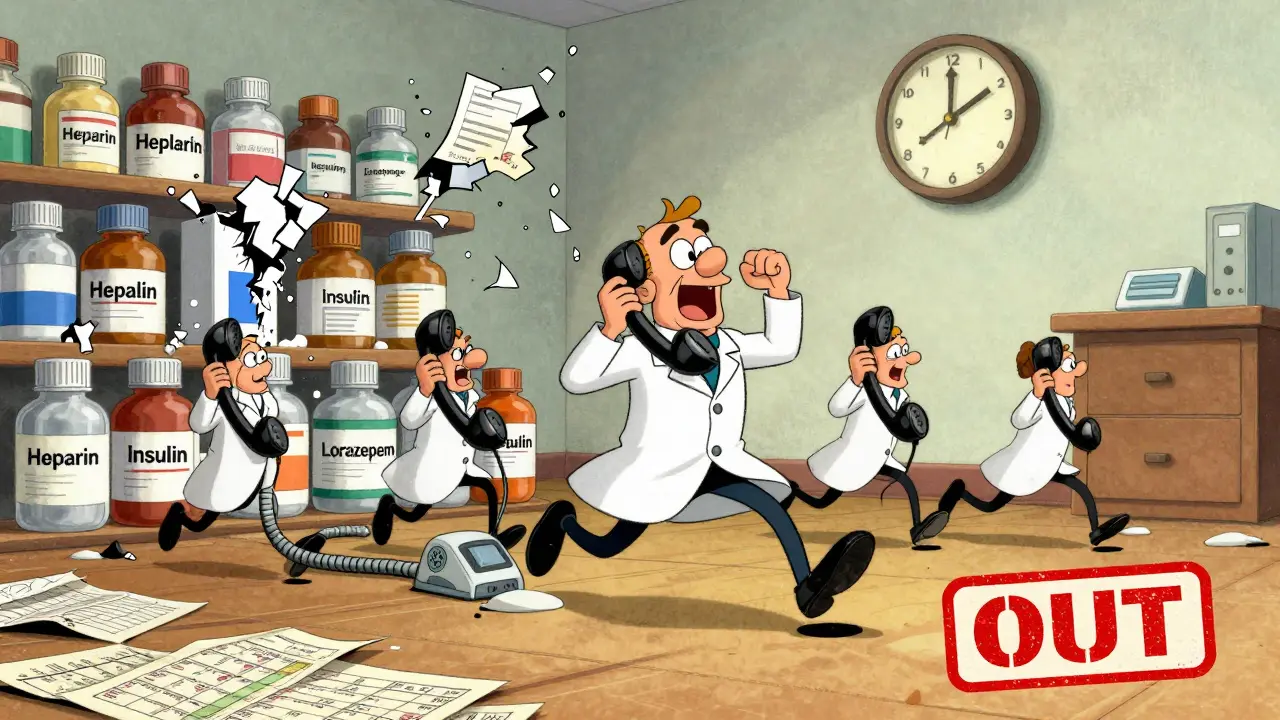 A frantic pharmacist surrounded by running phones and broken medicine bottles.