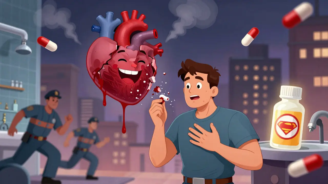 A man has a heart attack while an expired nitroglycerin tablet crumbles, as paramedics arrive with a fresh, glowing bottle.