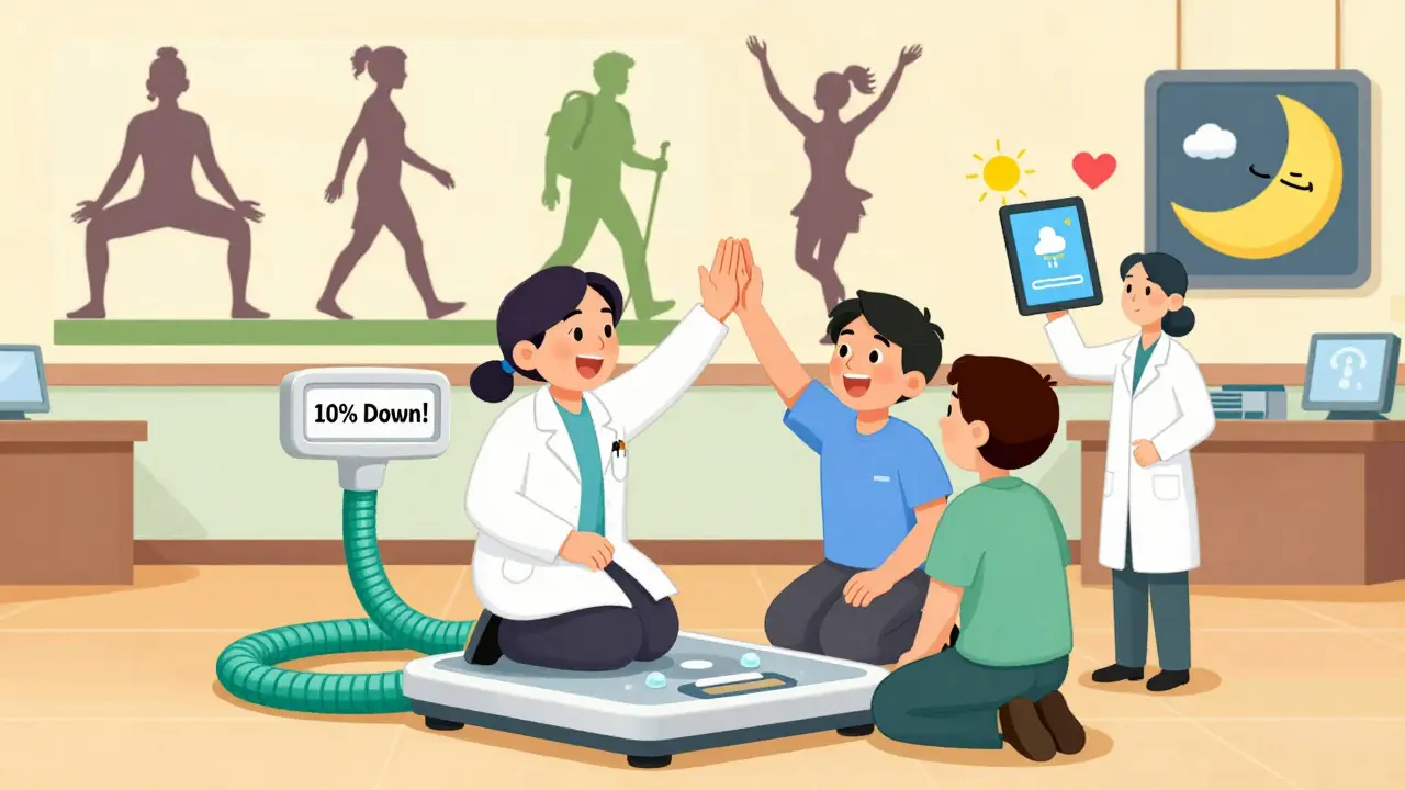 A medical team celebrates a patient's 10% weight loss on a wobbly scale, with a mural of active lifestyles behind them.