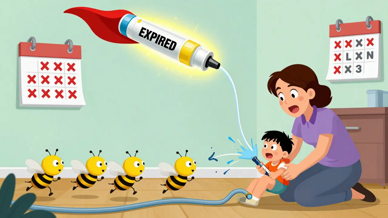 A mother uses a failing EpiPen on her child as a cartoon expired pen runs away, while a new one flies in like a superhero.