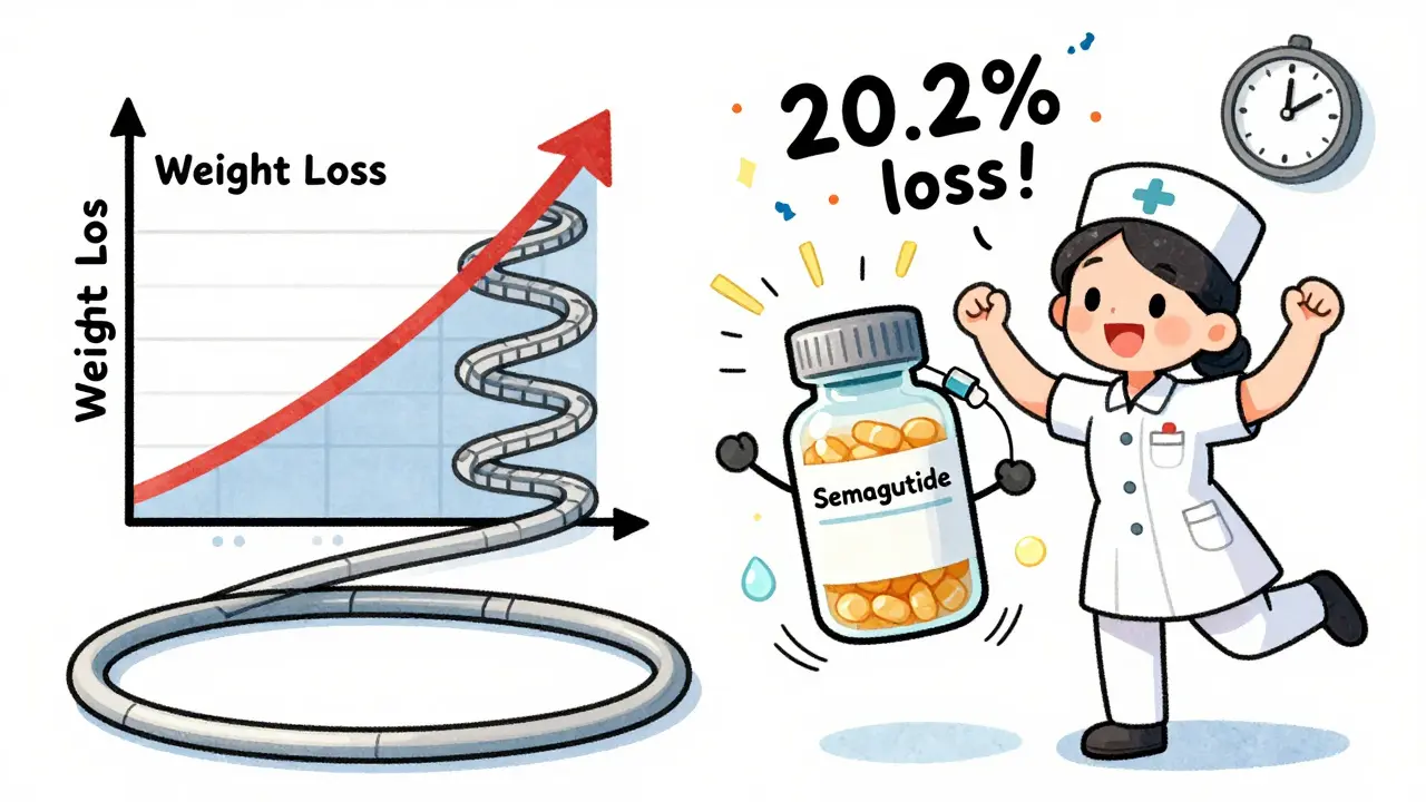 A patient receiving a weekly weight-loss injection as a dancing bottle and rising graph celebrate nearby.