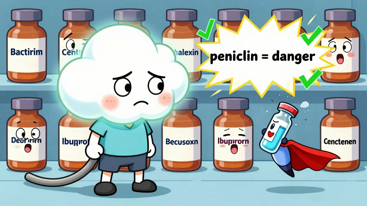 A patient with a cloud-shaped rash beside exaggerated antibiotic bottles, while a superhero vial shatters myths.