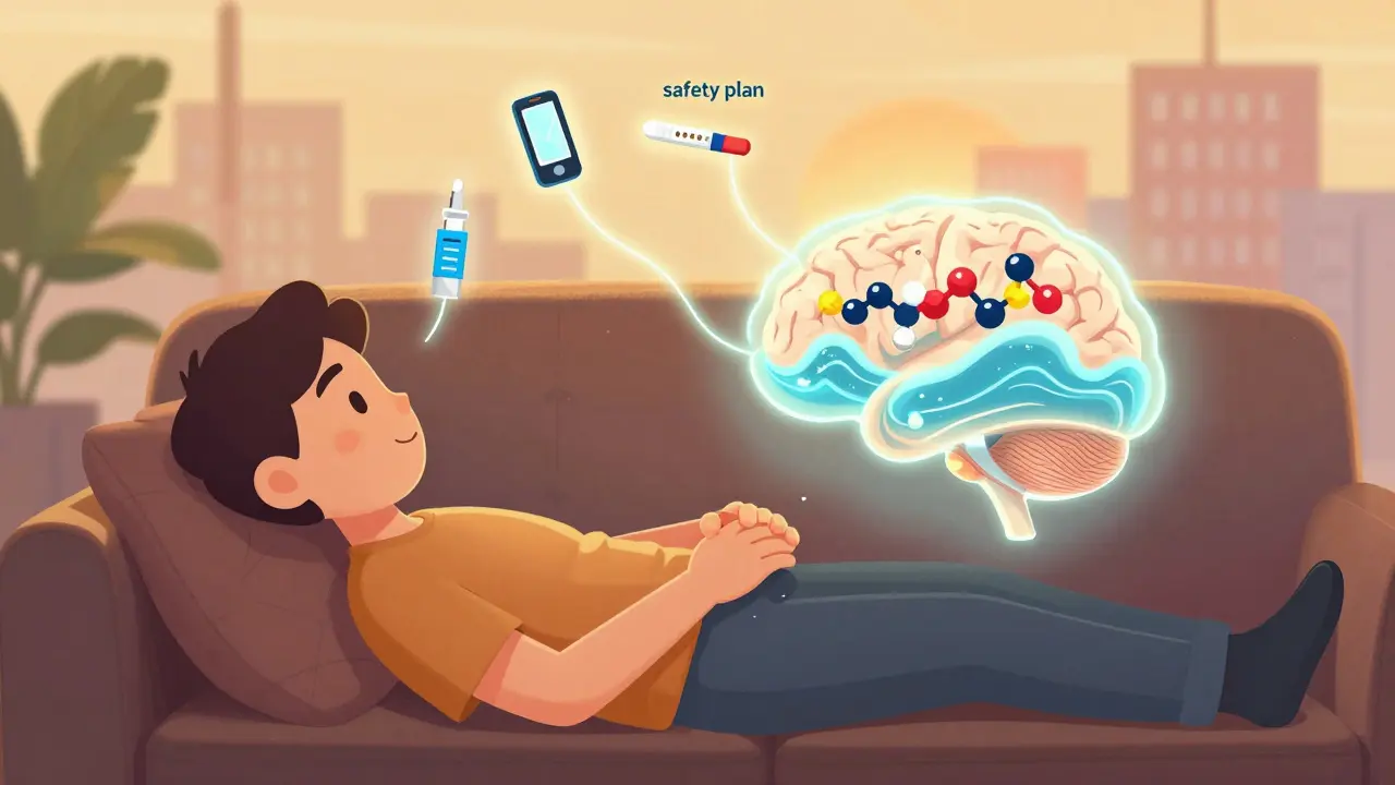 A person supported by a loved one, glowing brain with calming medication molecules, safety tools floating as connected threads.