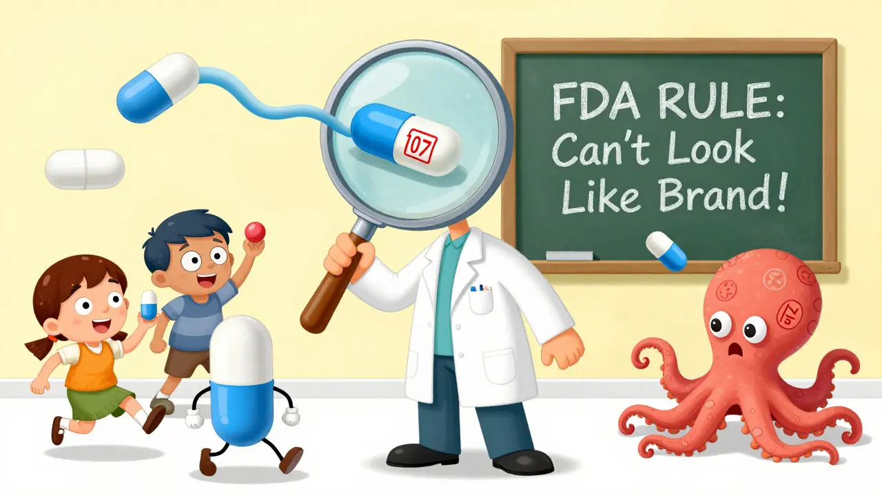 A pharmacist using a magnifying glass to show a pill changing its marking, surrounded by bouncing, stretchy pill characters.