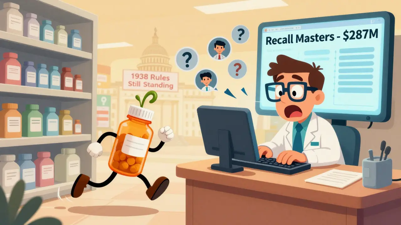 A pill bottle running away from a pharmacy as recall alerts flood the room, with software ads visible.