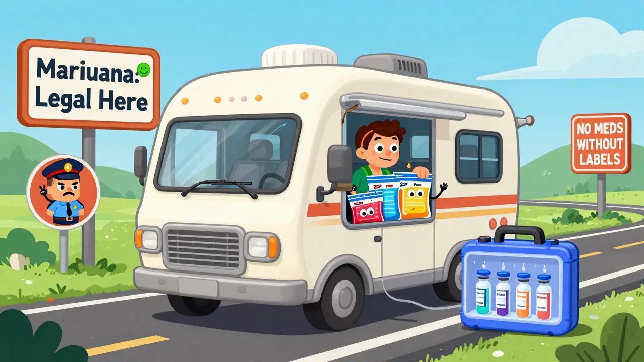A pill-shaped RV drives across state lines with color-coded pill bags and an insulin case running beside it in rubber hose animation style.