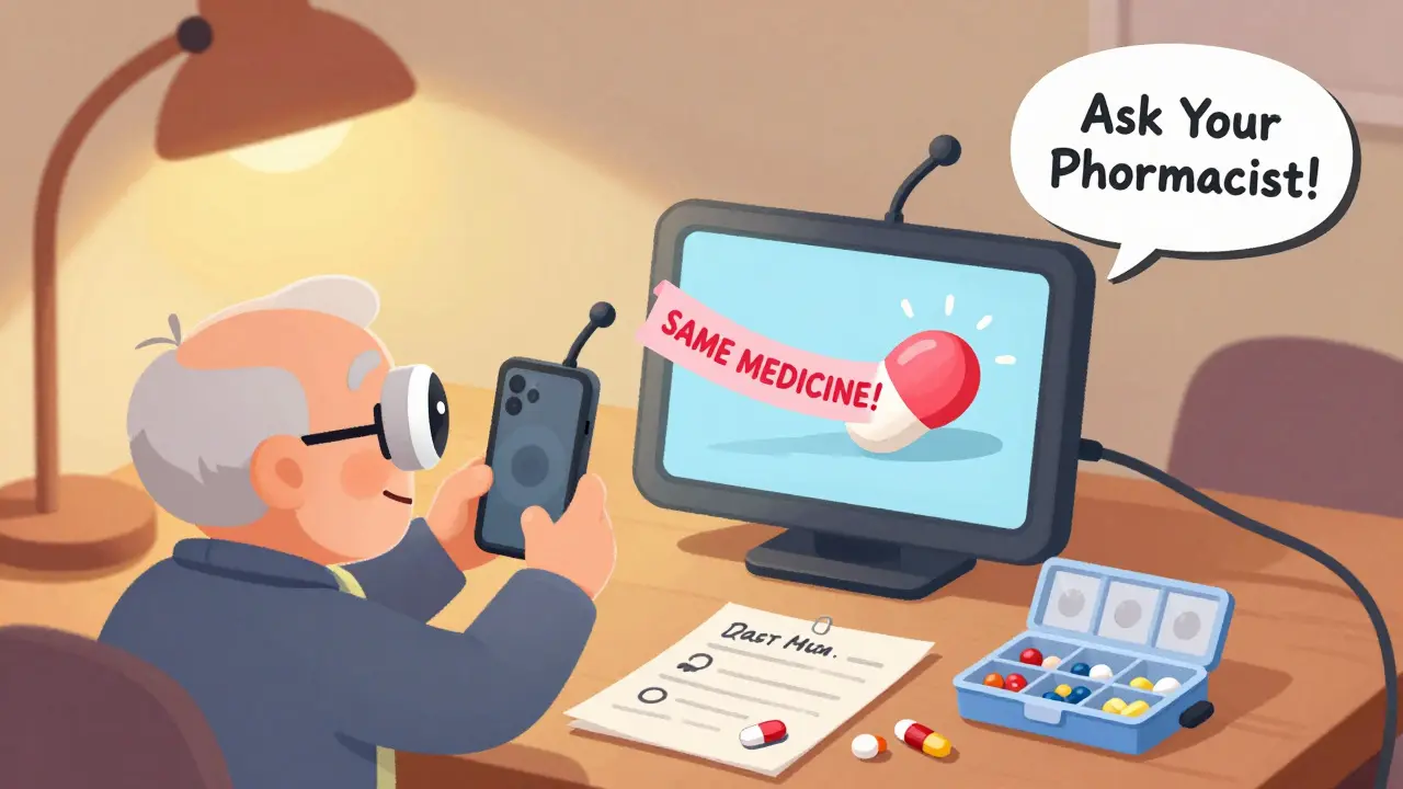 A senior taking a photo of their pill with a smartphone, next to a labeled organizer and handwritten medication list.