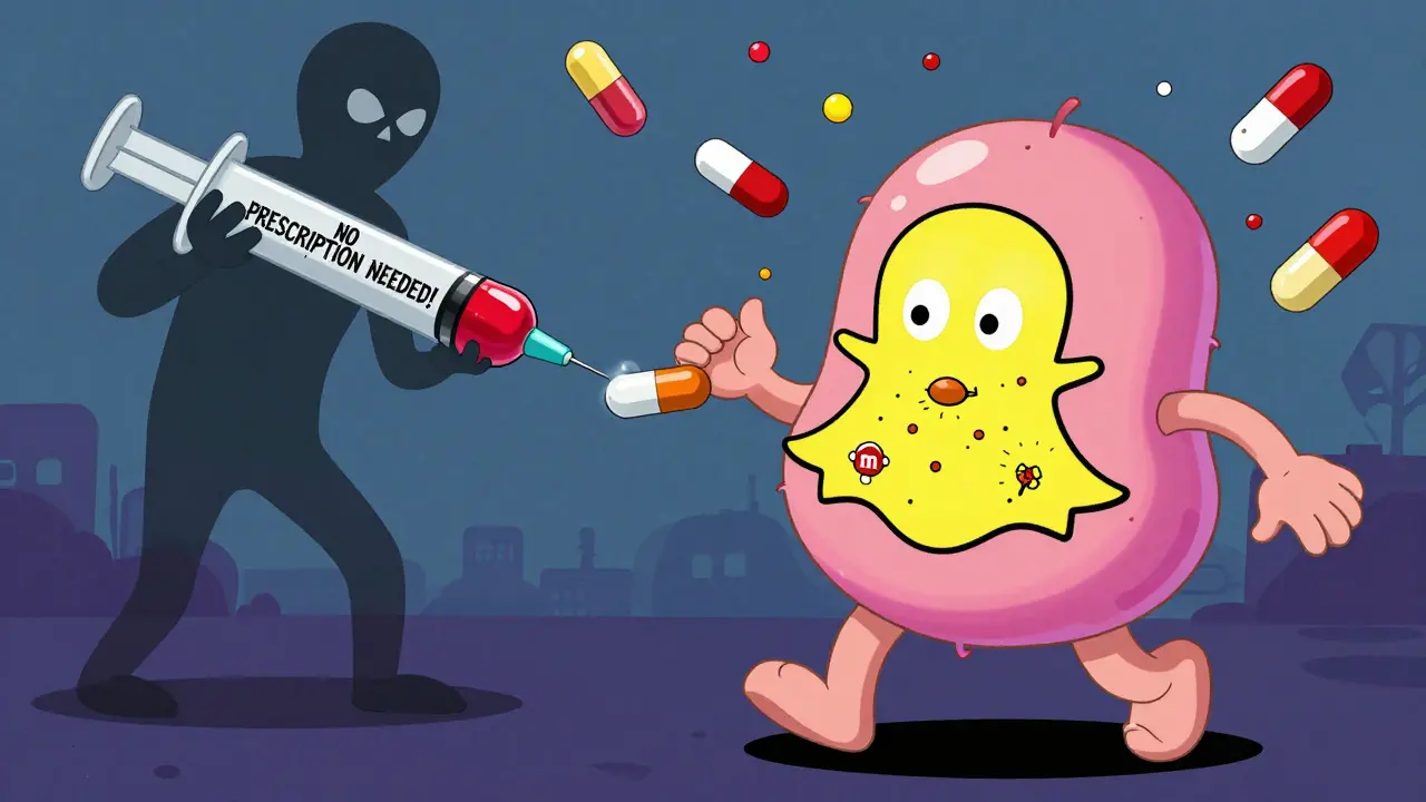 A teen swallowing a candy-like fake pill that causes their body to inflate with fentanyl symbols bursting out, while a shadowy seller watches.
