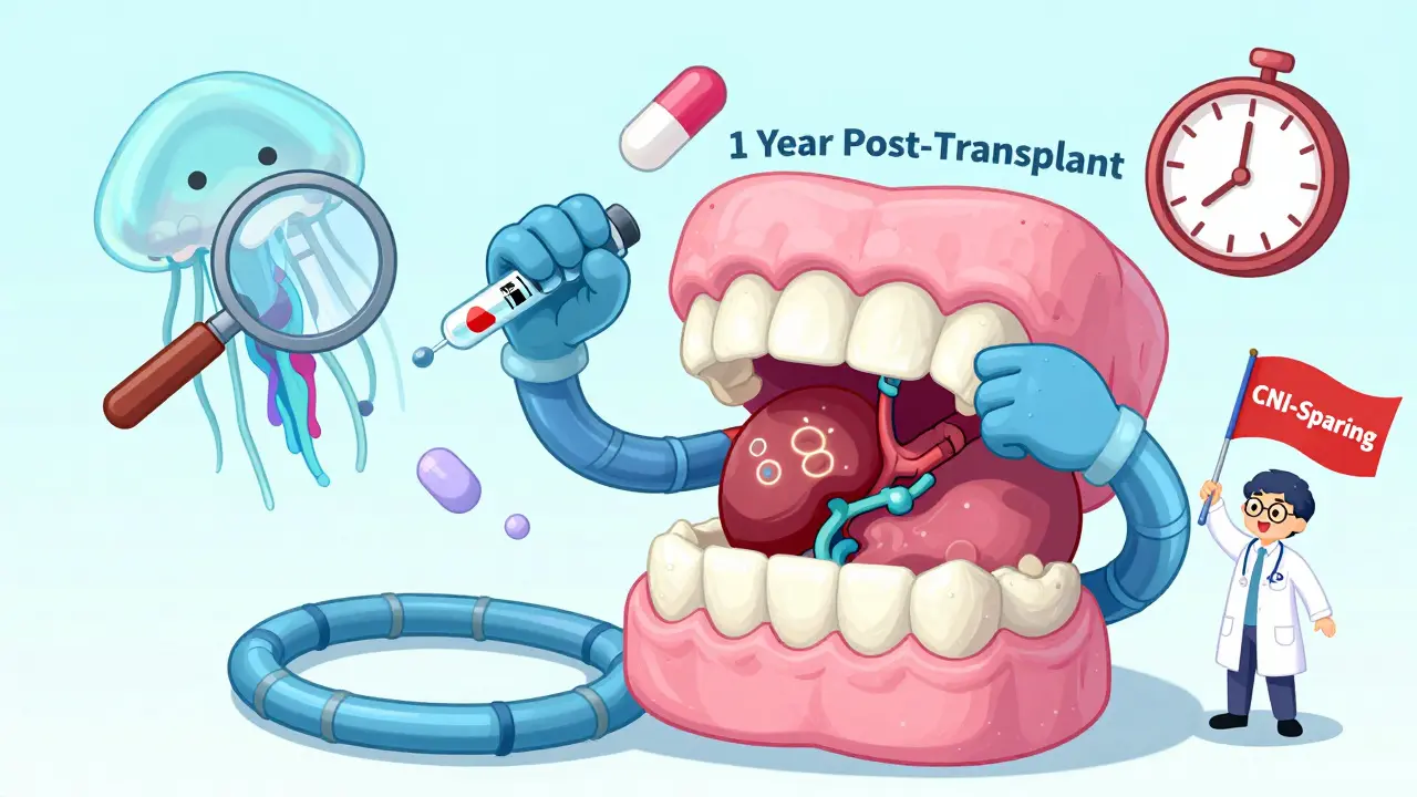 A transplant patient with one shaking arm holding insulin, the other brushing swollen gums, surrounded by medical icons and a clock counting down to one year post-transplant.