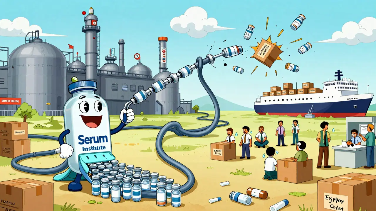 An Indian vaccine factory with a wobbly supply hose from China, leaking as vials explode and exports fly away.