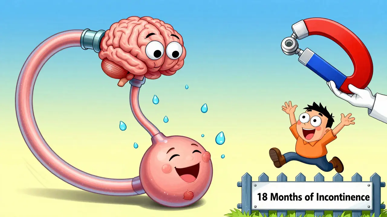 Cartoon shunt tube connecting brain to belly, patient leaping over incontinence barrier.