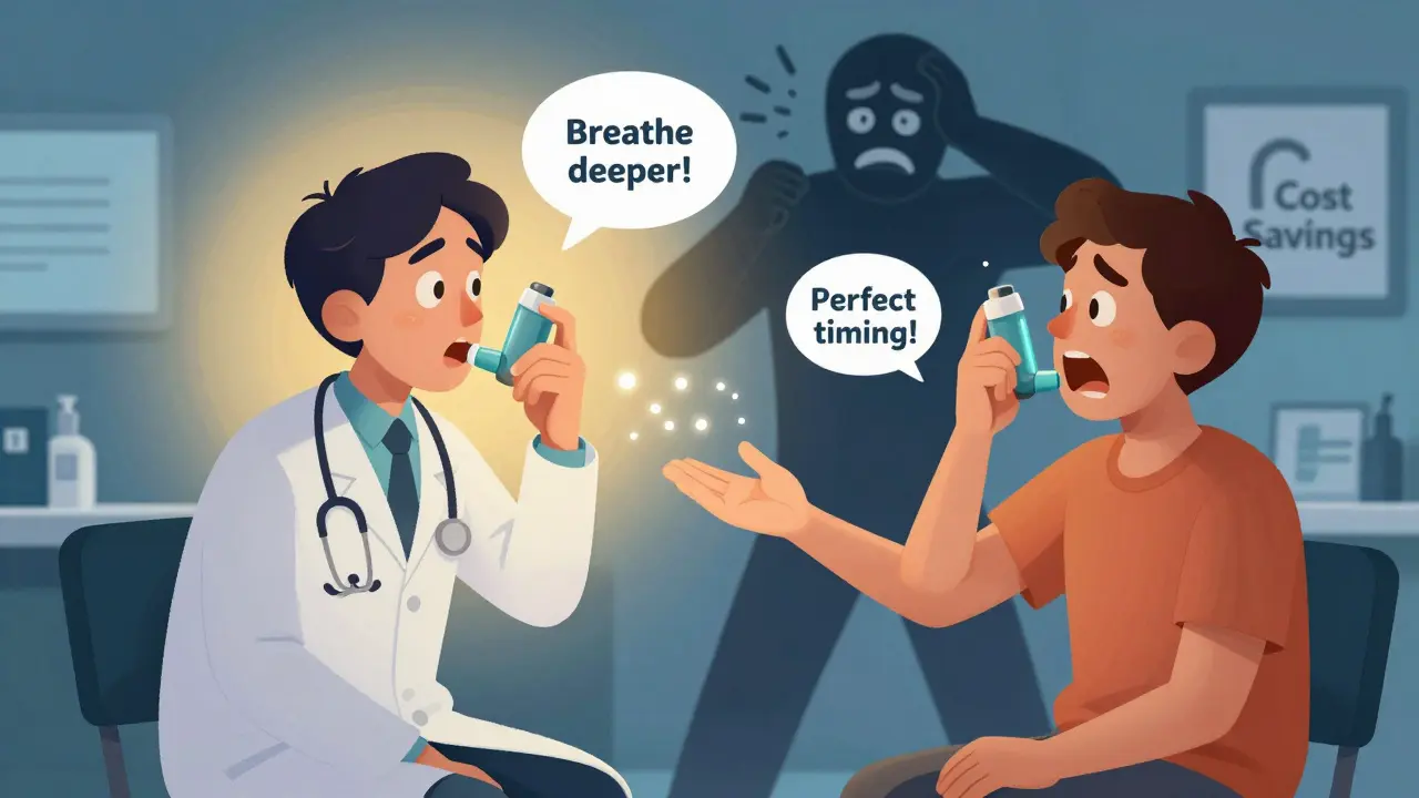 Doctor and patient using smart inhaler with feedback bubbles, cost savings figure looming.