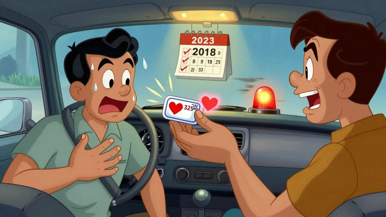 Driver having heart attack, passenger giving aspirin tablet with glowing heart, car interior scene.