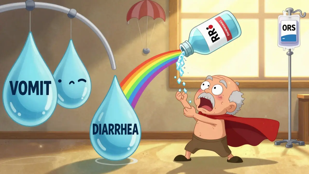 Elderly person being rescued from dehydration by heroic ORS bottle pouring healing crystals.