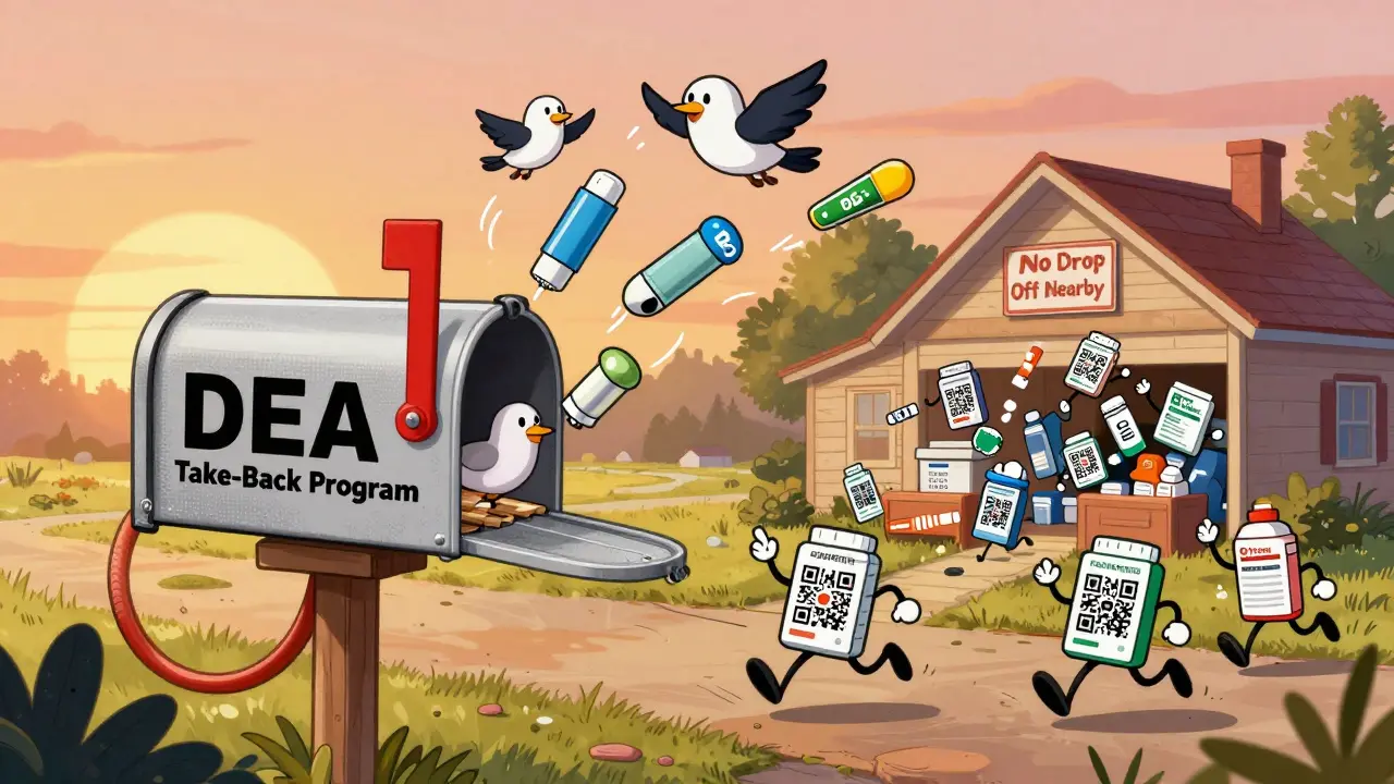 Expired medications flying into DEA take-back mailbox with QR codes running toward it.