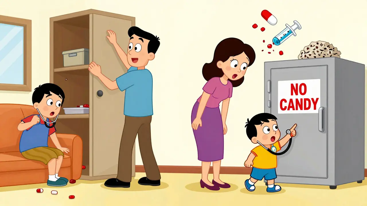 Family doing safety sweep with locked medicine cabinet, toddler pointing, cartoon style