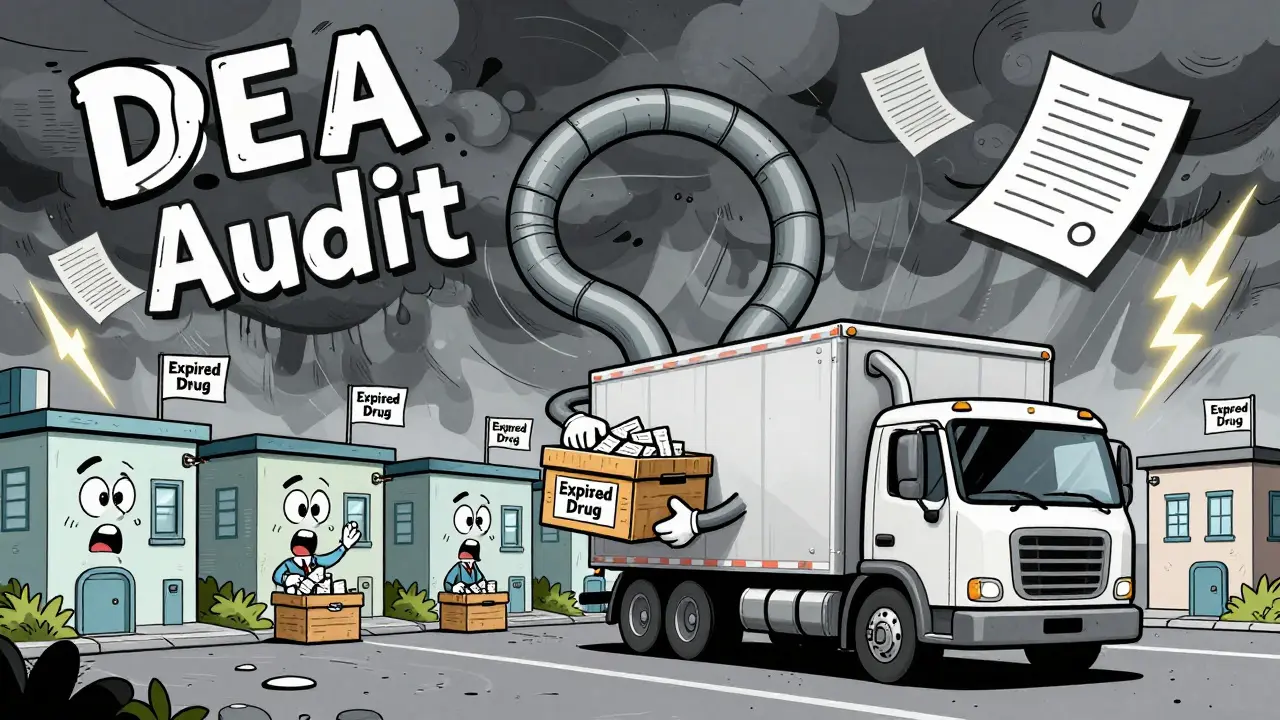 Friendly reverse distributor truck collecting expired drugs from clinics